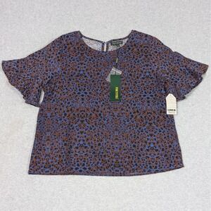 For Cynthia Linen Blend Boxy Blouse Womens Small Spotty Print Lagenlook Boho New